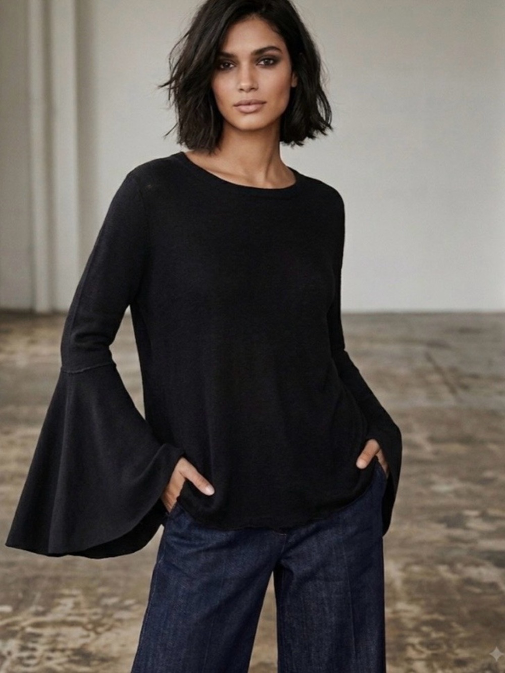 7 For All Mankind Black Bell-Sleeve Knit Top